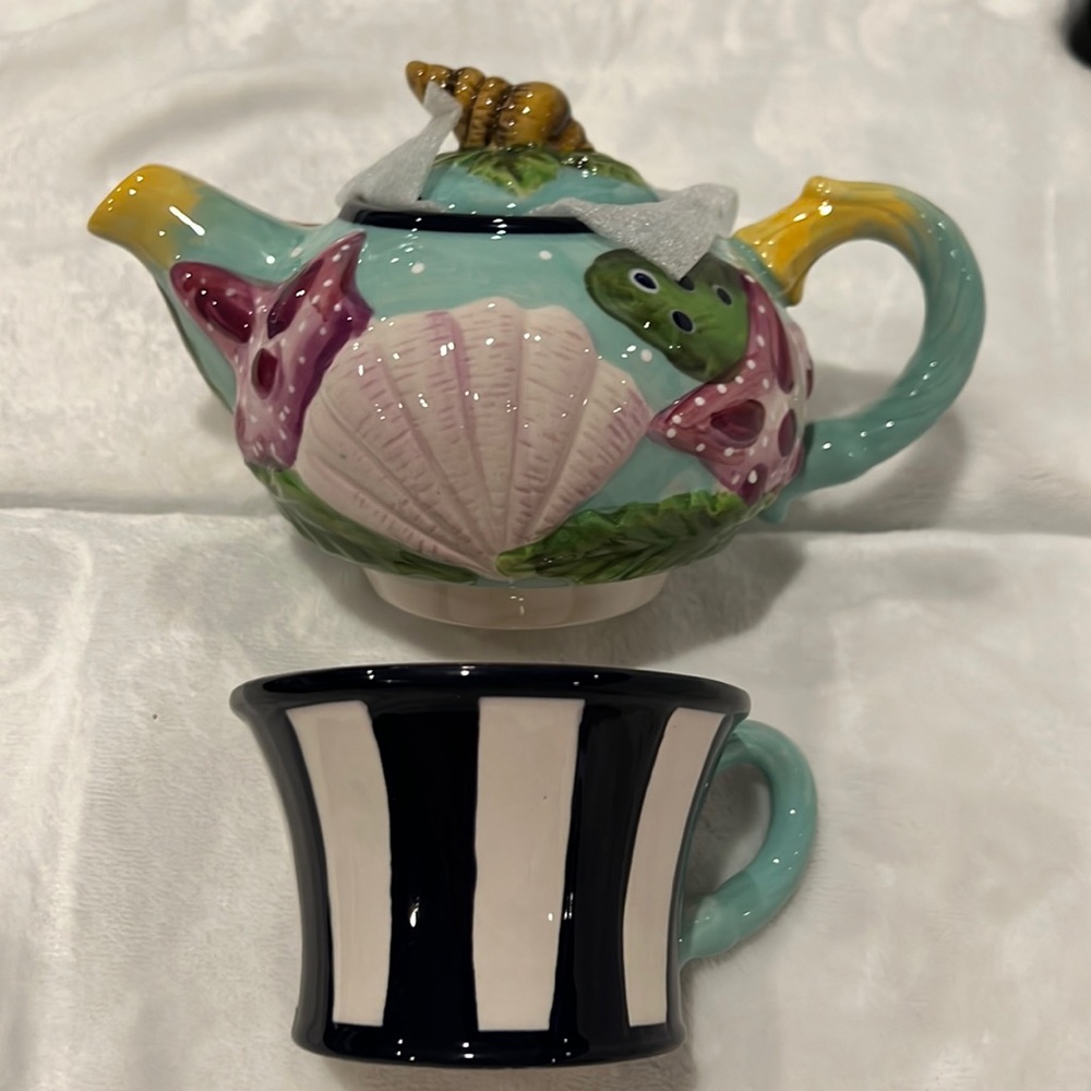 Blue Sky sea shell tea kettle and cup set NEW